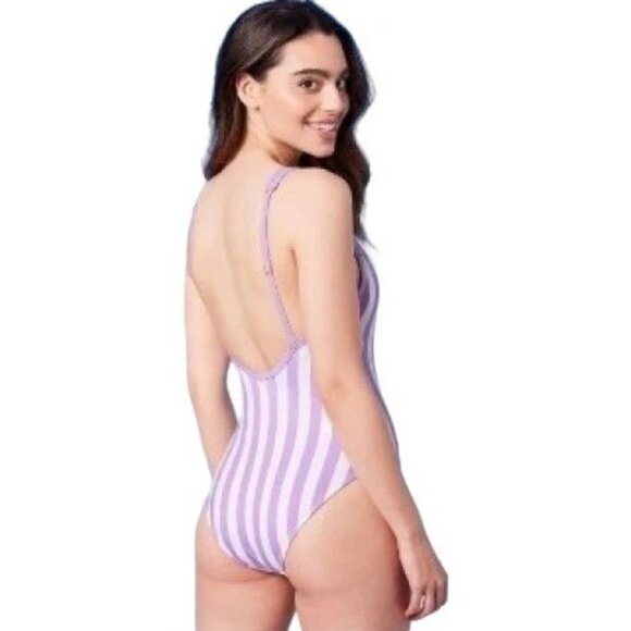 Kona Sol One Piece Purple Stripe Print V-Neck Adjustable Bathing Suit Size M - Picture 2 of 11